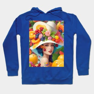 А woman with a white hat and some colorful fruity Hoodie